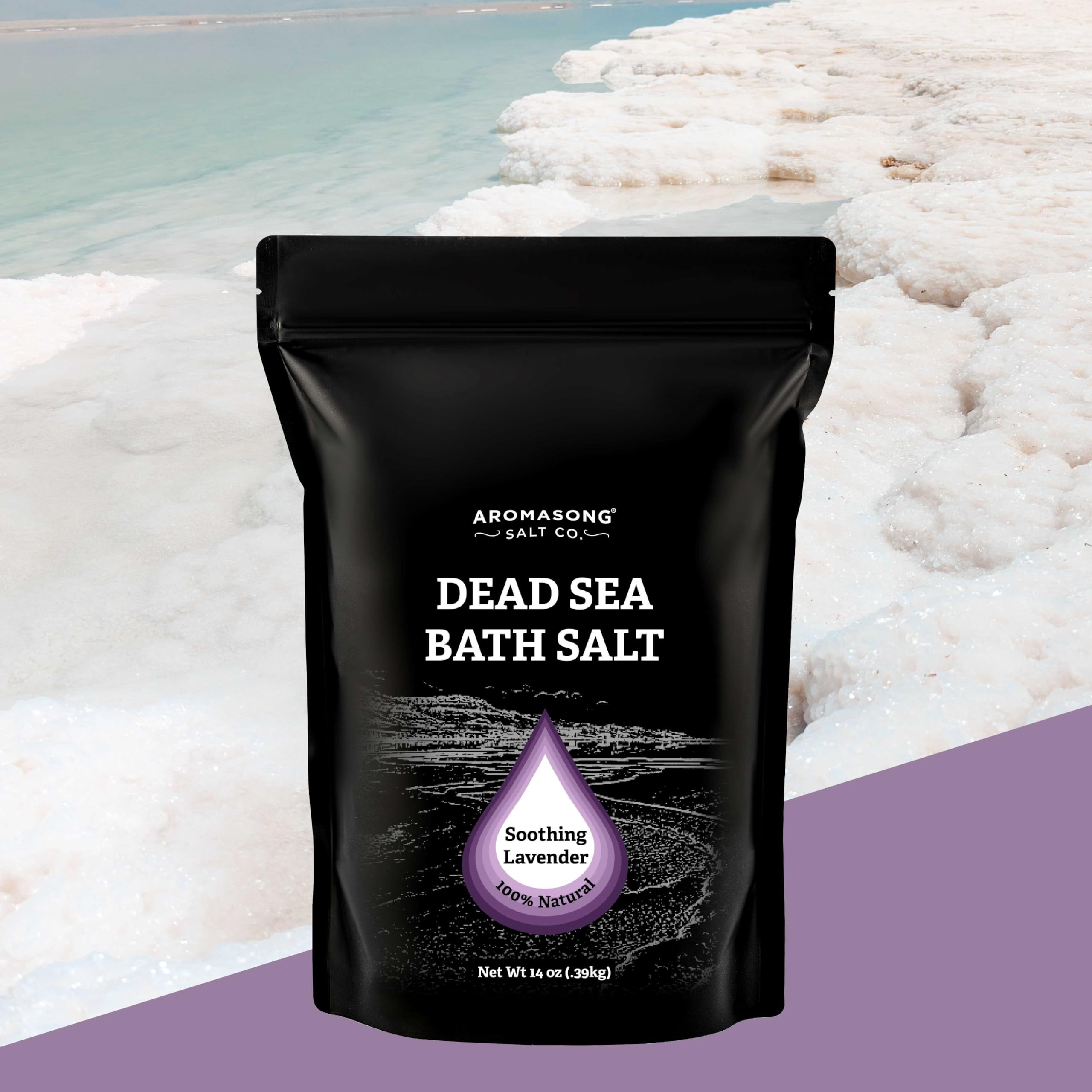 Pure Dead Sea Salt for Soaking with 100% Natural Lavender – 14 Oz. Spa Bath Salt Fine Grain in Resealable Pack - Used for Body Wash Scrub - Soak for Women & Men.